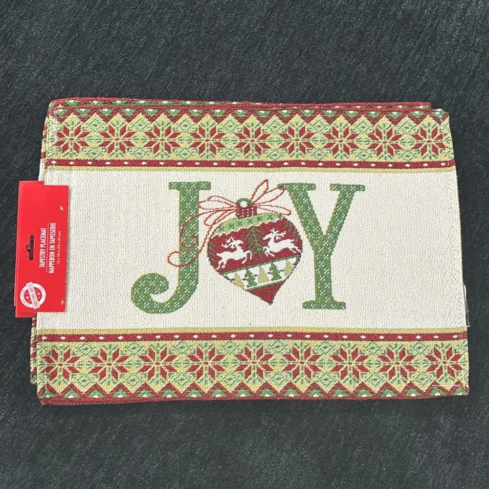NWT- Set of 4- Cream- Red & Green JOY Ornament Holiday Tapestry Placemats 13x18